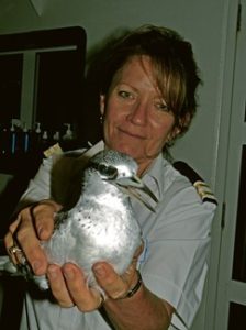 Purser Vicki with a juvenile White-tailed Tropicbird